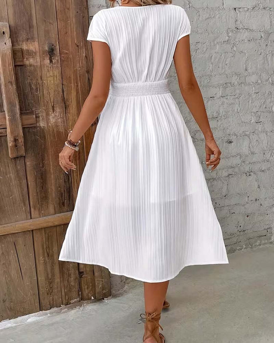 V-Neck Button Slit Dress