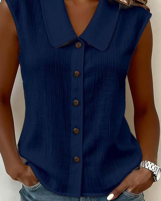 Sleeveless Lapel Linen-Cotton Shirt