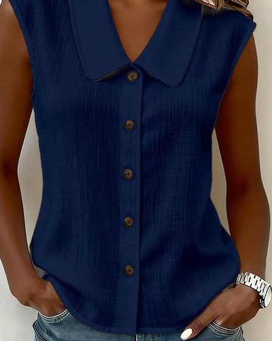 Sleeveless Lapel Linen-Cotton Shirt