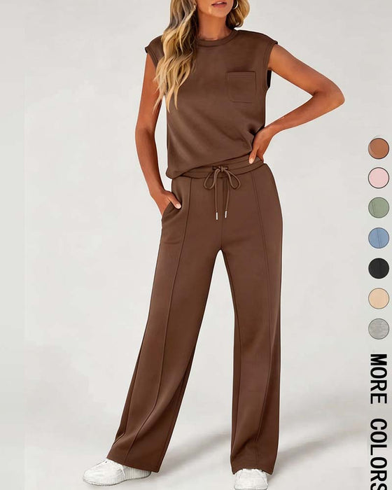 Solid Sleeveless Short Sleeve Casual Set
