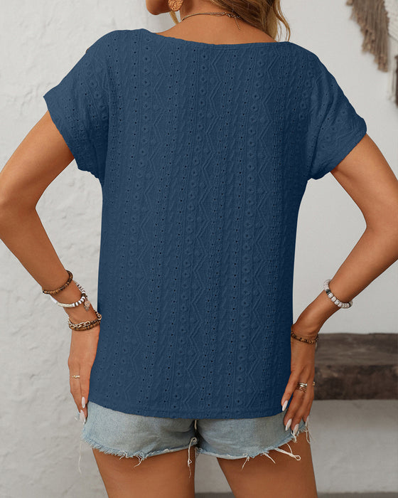 Round Neck Button Cutout Short Sleeve Blouse