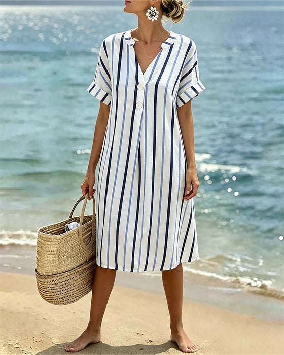 V-Neck Striped Short-Sleeved Dress
