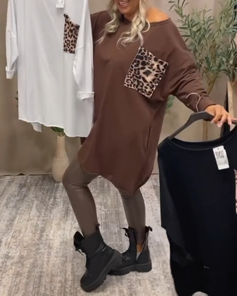 Casual crew neck leopard print pocket long sleeve top