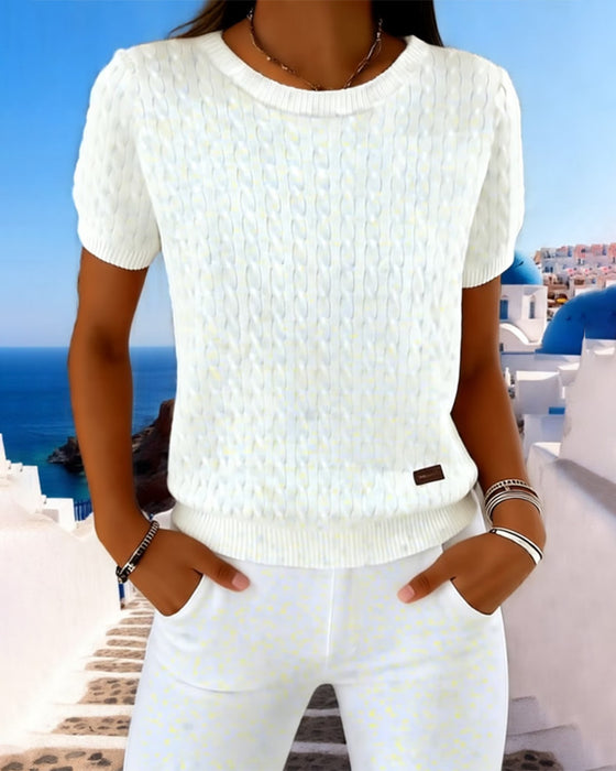 Crewneck Short Sleeve Solid Casual Pullover