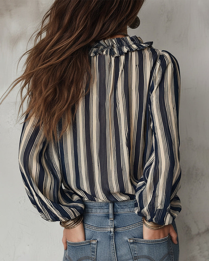 Deep V Vertical Striped Loose Blouse