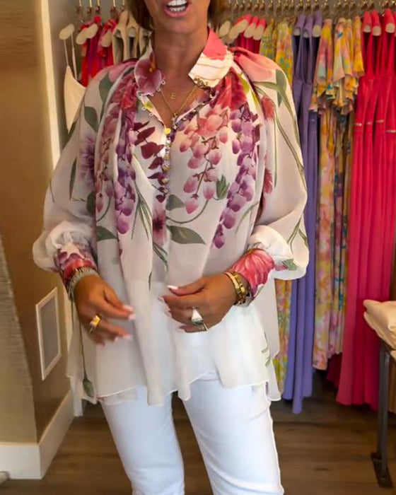 Lantern Sleeve Casual Printed Blouse