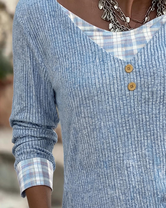 Ribbed Plaid Patchwork Long Sleeve Top