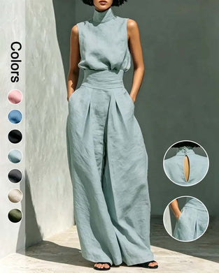 High Neck Sleeveless Wide Leg Waist Jumpsuit
