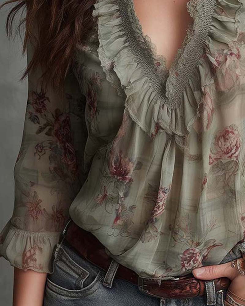 Floral V-Neck Ruffled Blouse