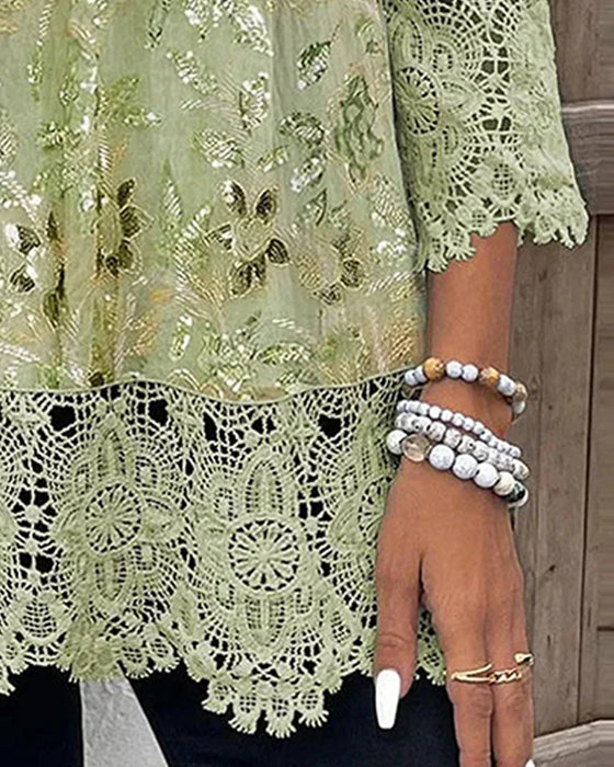 Lace Patchwork Floral V-Neck Blouse