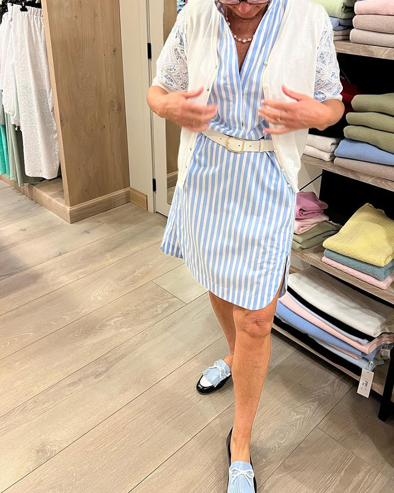Lapel Stripe Slit Dress