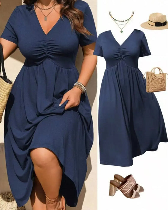V-Neck Shirred Short Sleeve Flared Dress