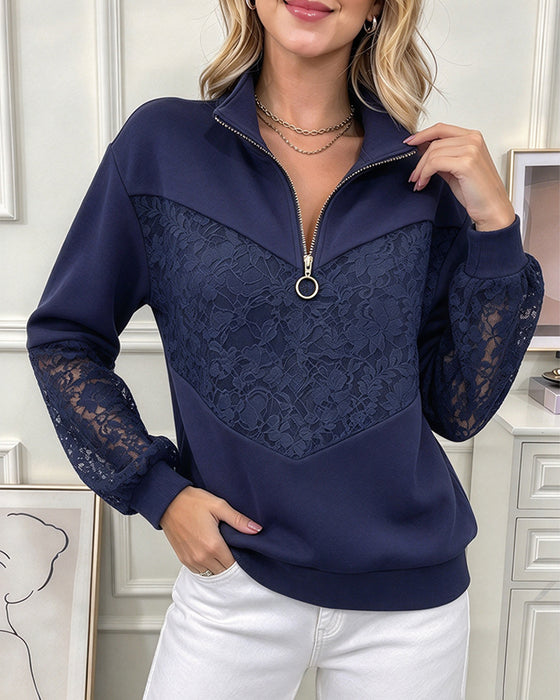 Stand Collar Zipper Hollow Sweatshirt