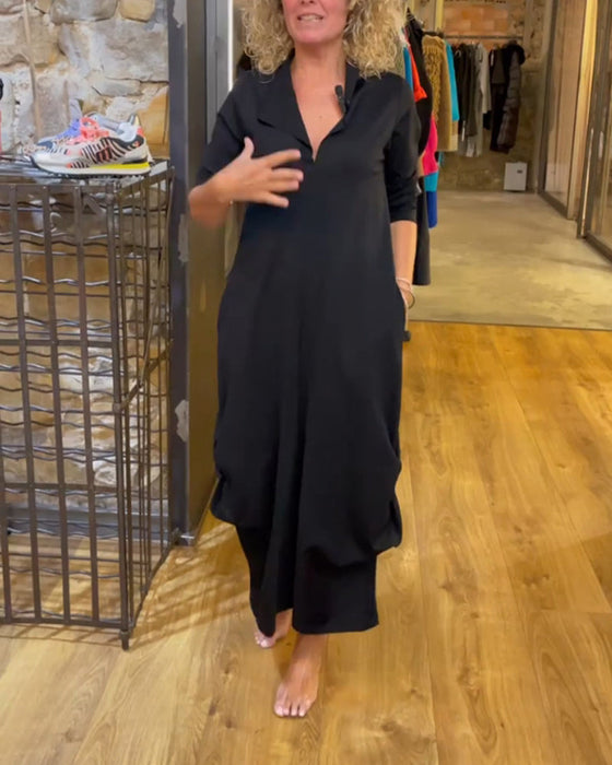 olid color dress with V-neck and A-line