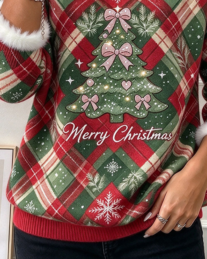 Plaid Christmas Tree Color-Block Sweatshirt