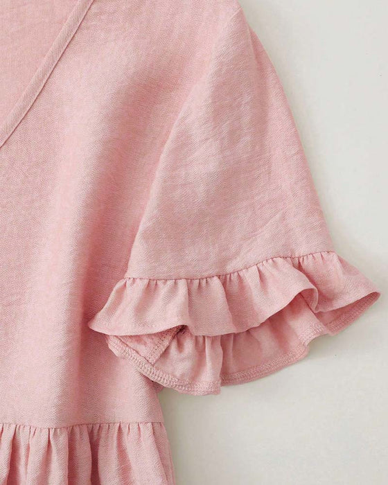 V-Neck Ruffle Pearl Button Blouse