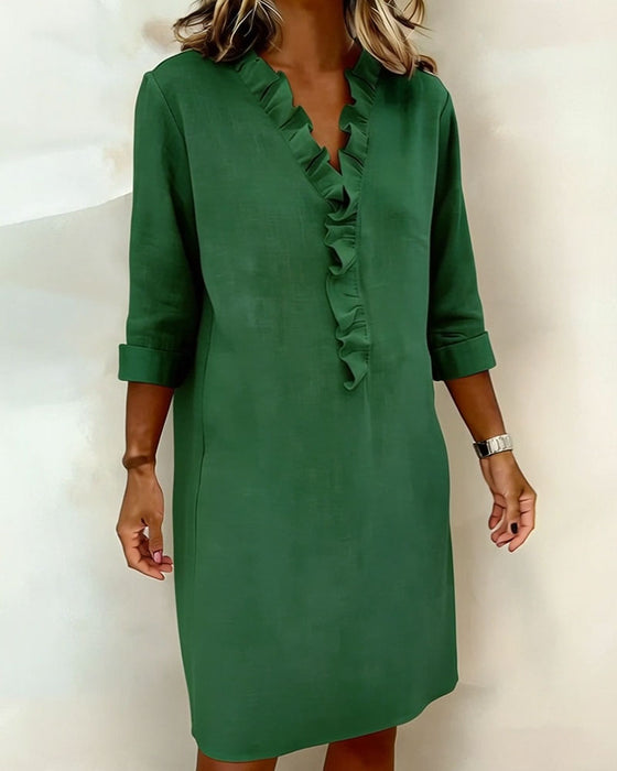 Ruffled V-Neck Solid Color Dress
