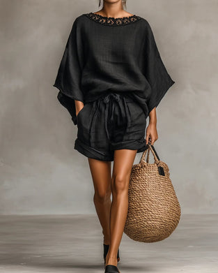 Crew Neck Lace Patchwork Casual Set