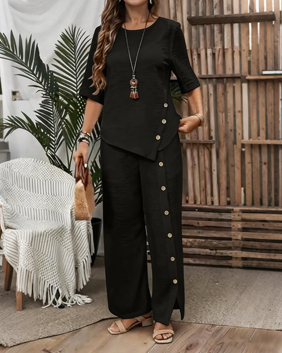 Button-Embellished Irregular Top And Trousers Set