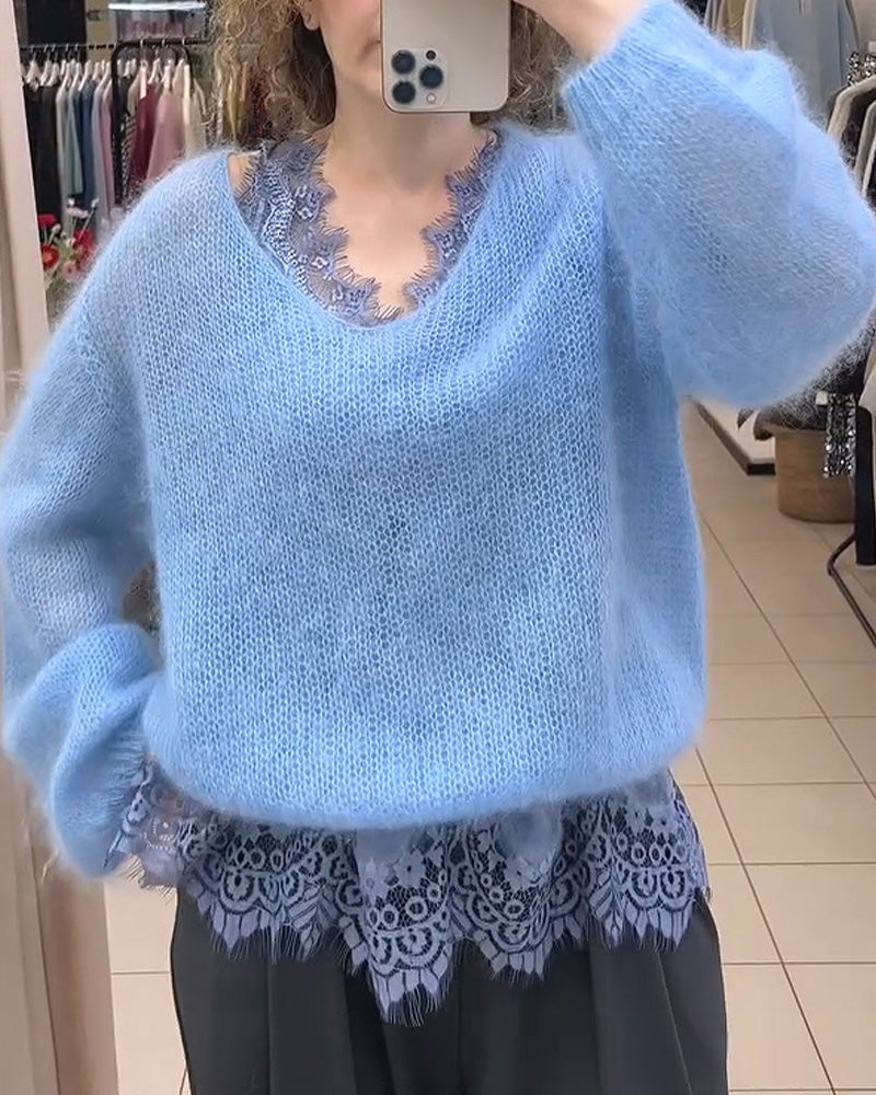 V-Neck Solid Patchwork Pullover