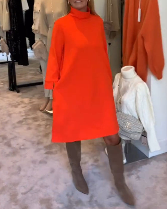 Solid color high collar casual dress