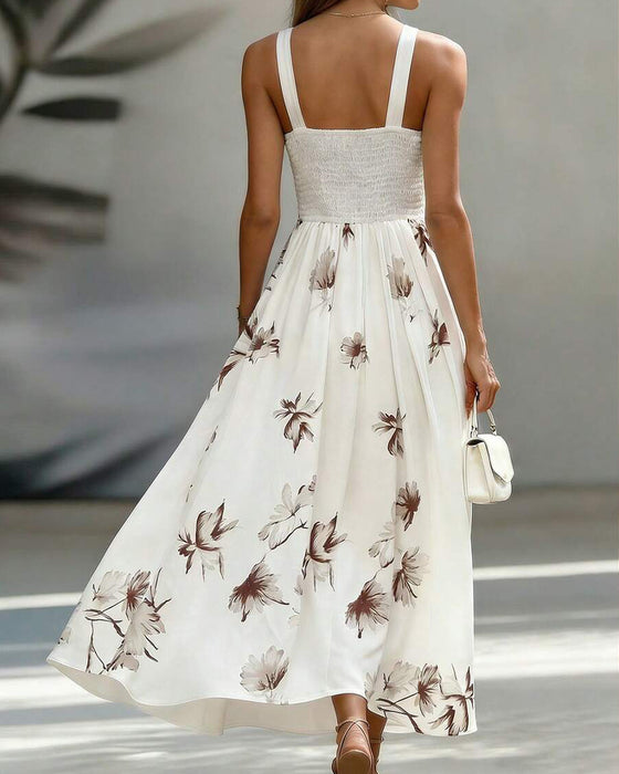 Sleeveless V-Neck Waist Floral Dress