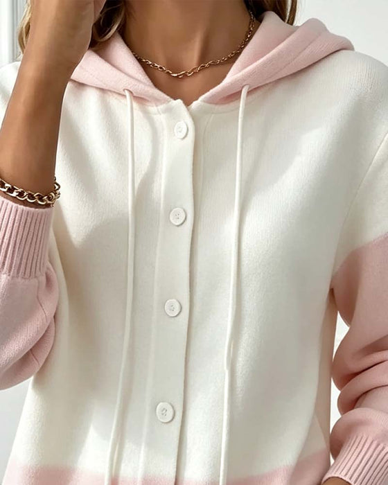 Color Block Hooded Single-Breasted Knit Cardigan