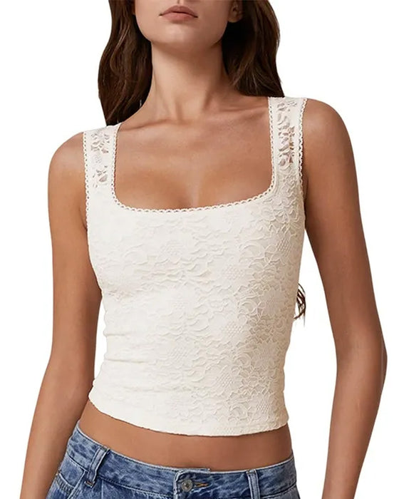 Lace Trim Square Neck Sleeveless Tank Top
