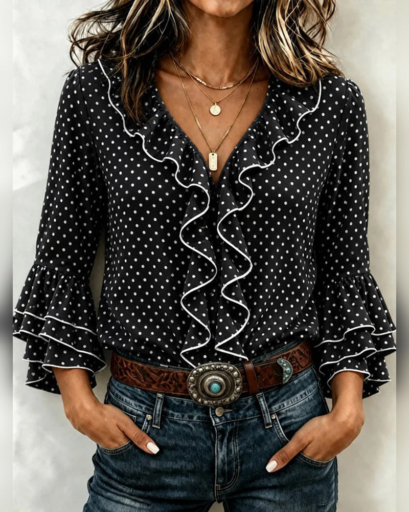 Polka Dot V-Neck Ruffle Flared Sleeve Top