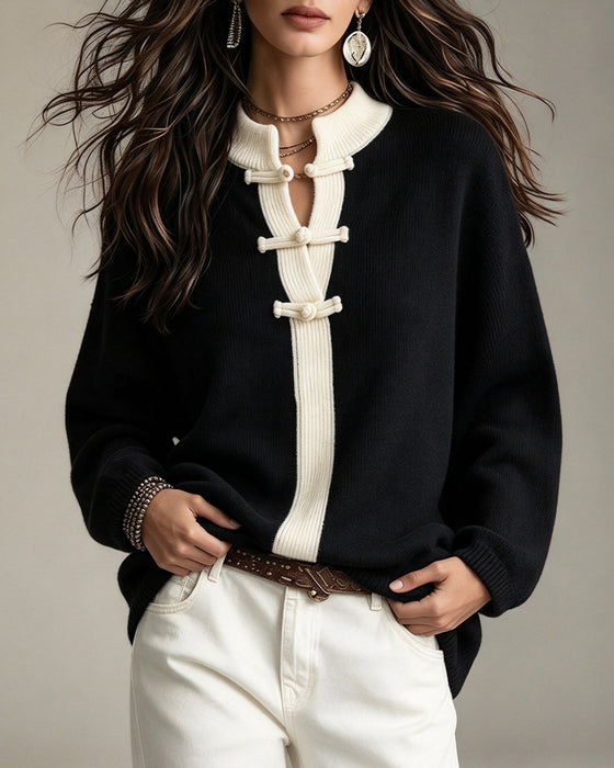 Colorblock Disc Buttons Loose Pullover