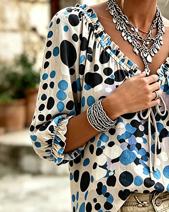 V-Neck Polka Dot Lace Up Blouse