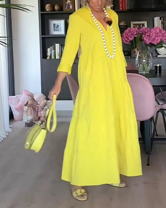 Casual solid color lapel pocket patchwork dress