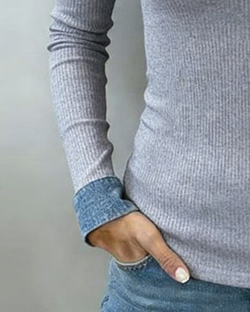 Contrast Color Flap V-Neck Long-Sleeved Top