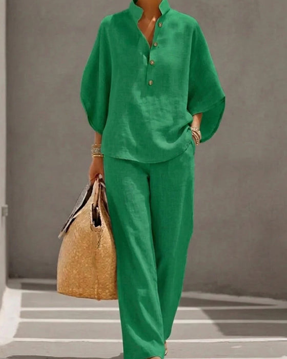 Stand Collar Batwing Sleeve Wide-Leg Pants Set