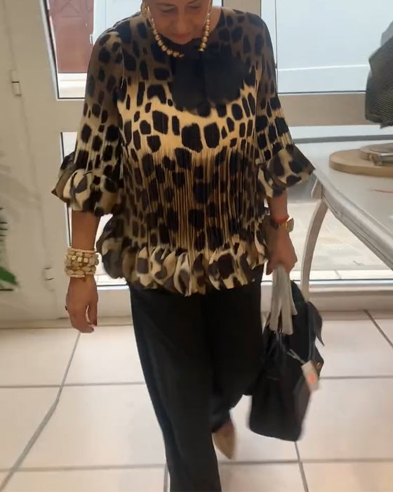 Trendy Leopard Print Pleated Blouse