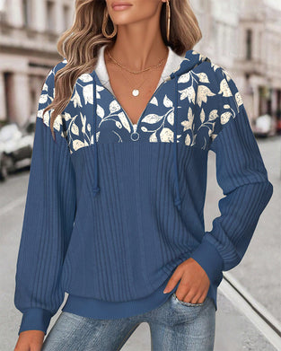Hooded Half-Zipper Floral Printed Sweatshirt