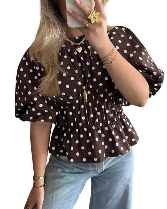 Polka Dot Off-Shoulder Waist-Cinching Bubble Sleeve Blouse
