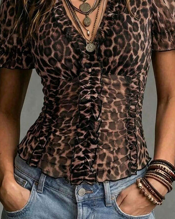 V-Neck Leopard Print Ruffle Puff Sleeve Blouse
