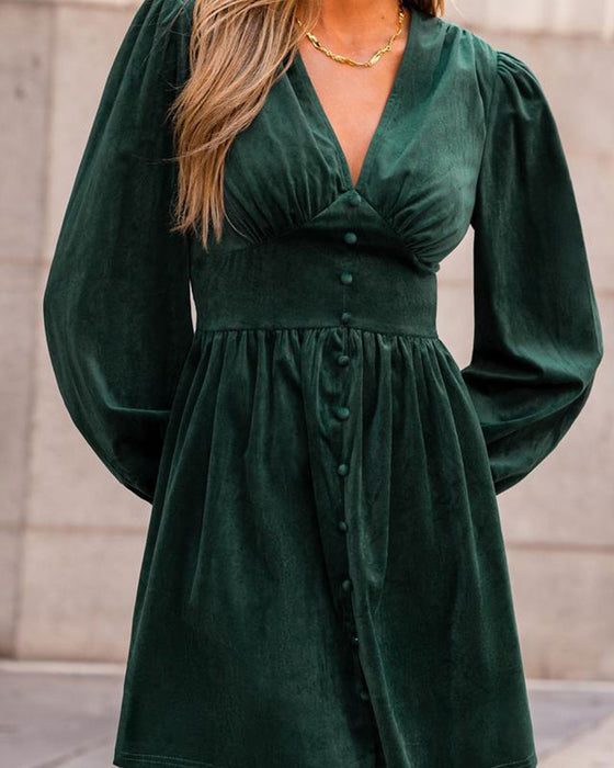 Buttoned V-Neck Puff-Sleeve Short Dress