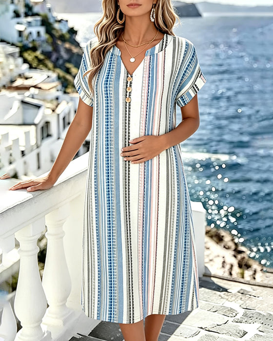 V-Neck Vertical Stripe Straight Dress