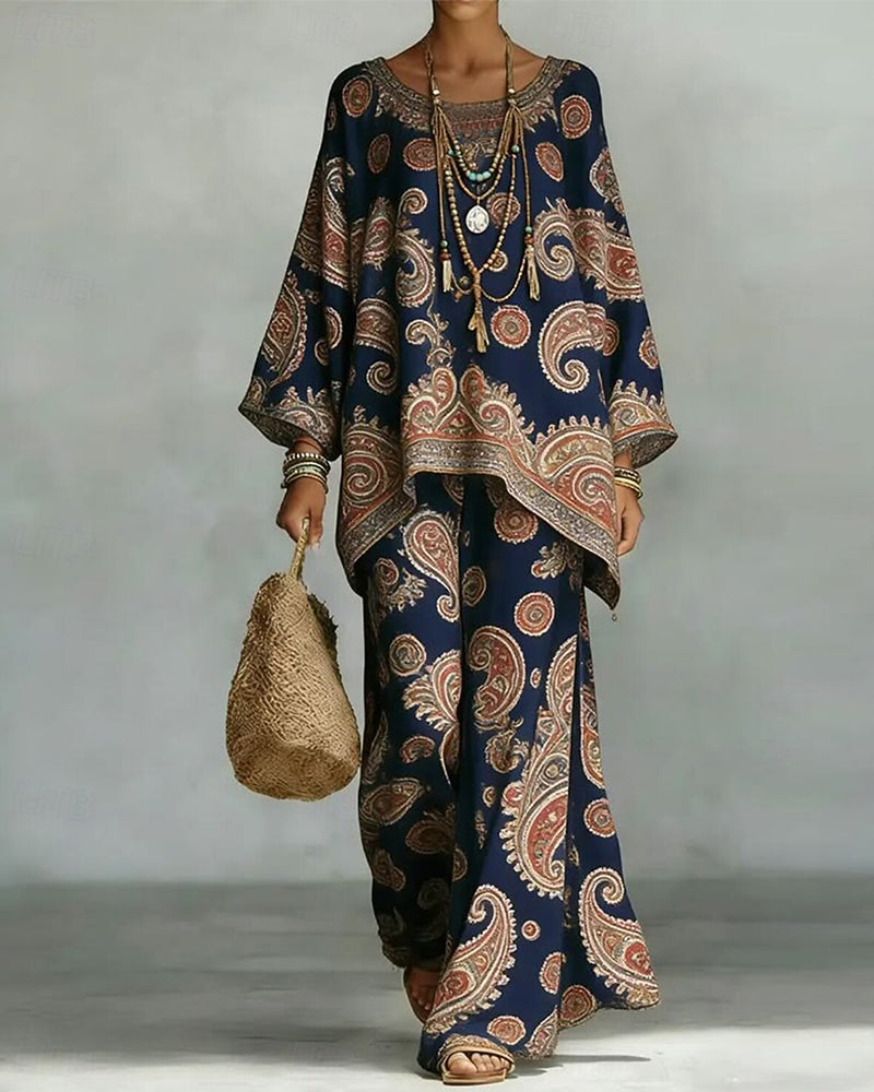 Stylish Pattern Wide Leg Trouser Two-Piece Set