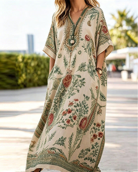 Vintage Print Ethnic Long Robe Dress
