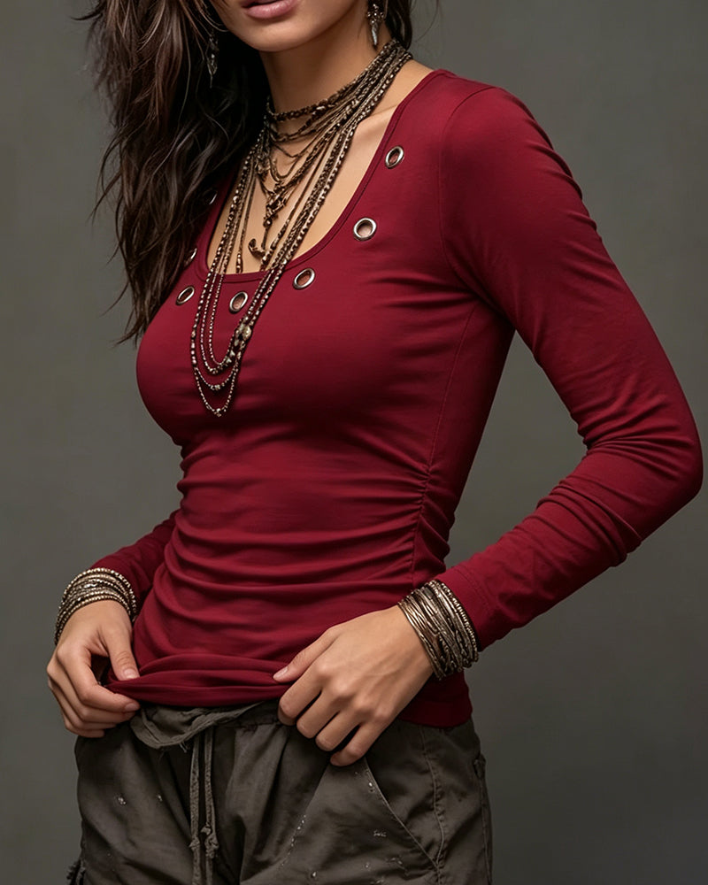 Solid Color U Collar Hollow Top