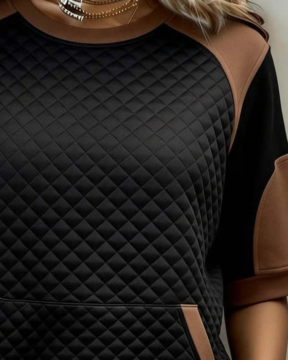 Crew Neck Patchwork Diamond Pattern Blouse