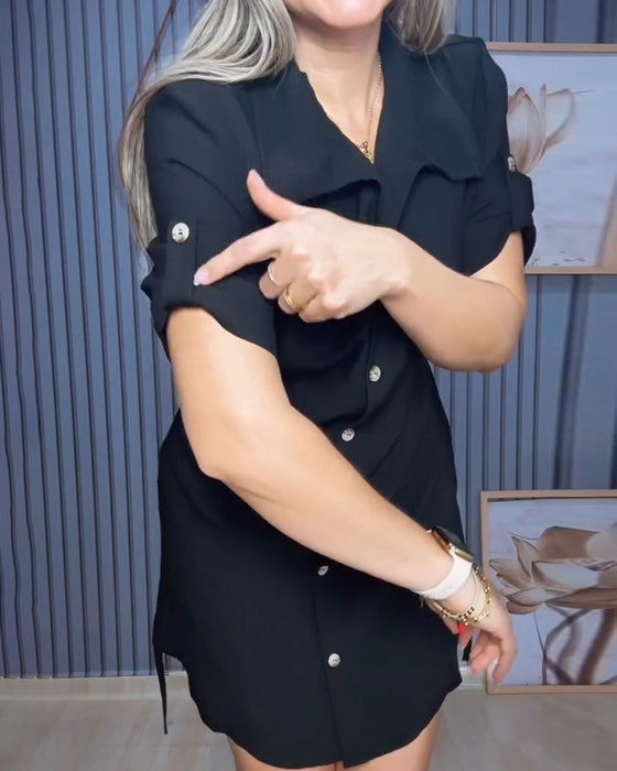 Lapel Short Sleeve Drawstring Shirt Dress