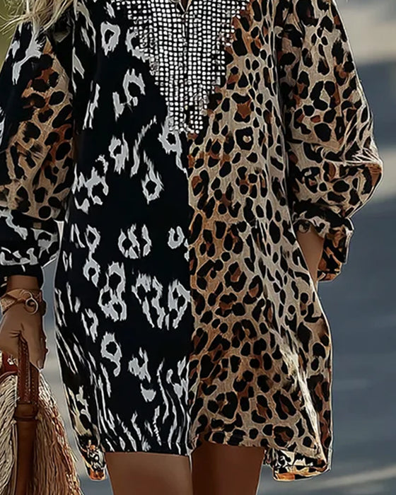Color Block Leopard Print Short Dress