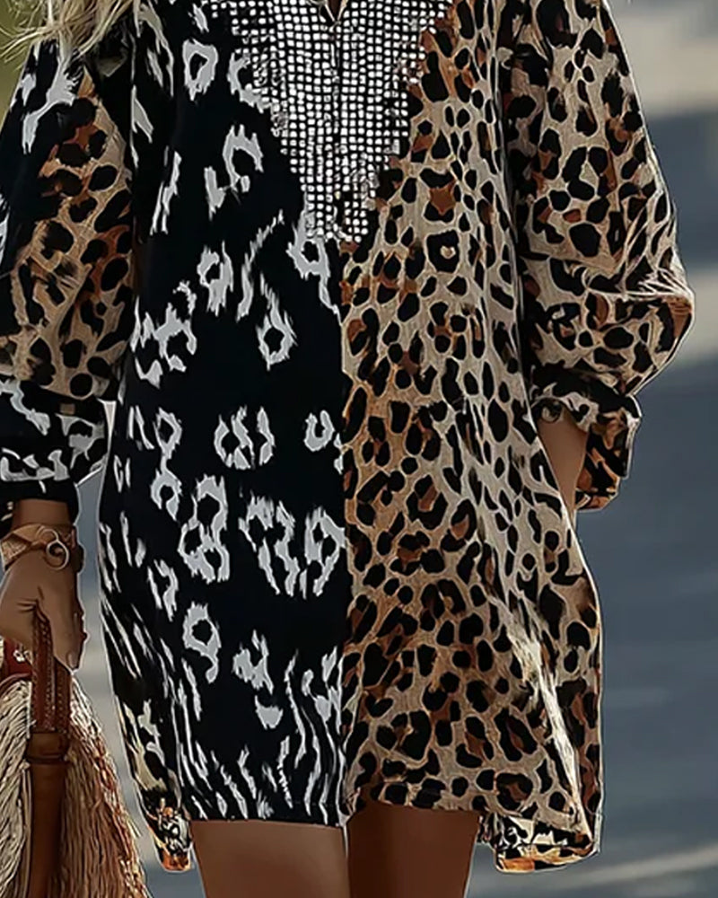 Color Block Leopard Print Short Dress