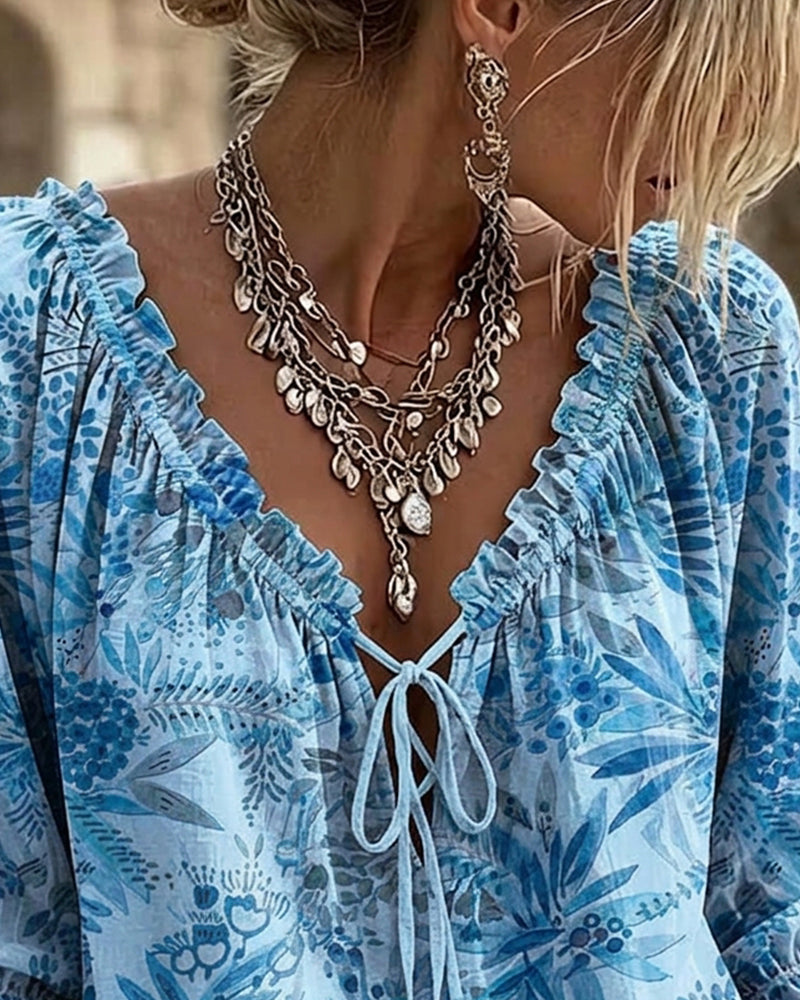 V-Neck Lace Up Blouse