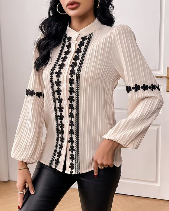 Elegant Lace Patchwork Balloon Sleeve Blouse