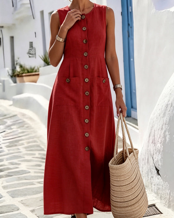Sleeveless Round Neck Button Down Dress